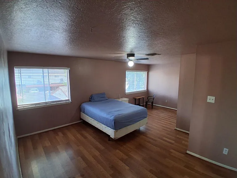 Spacious bedroom with wood-style floors, two windows, and room for a full bed plus a work-from-home setup.