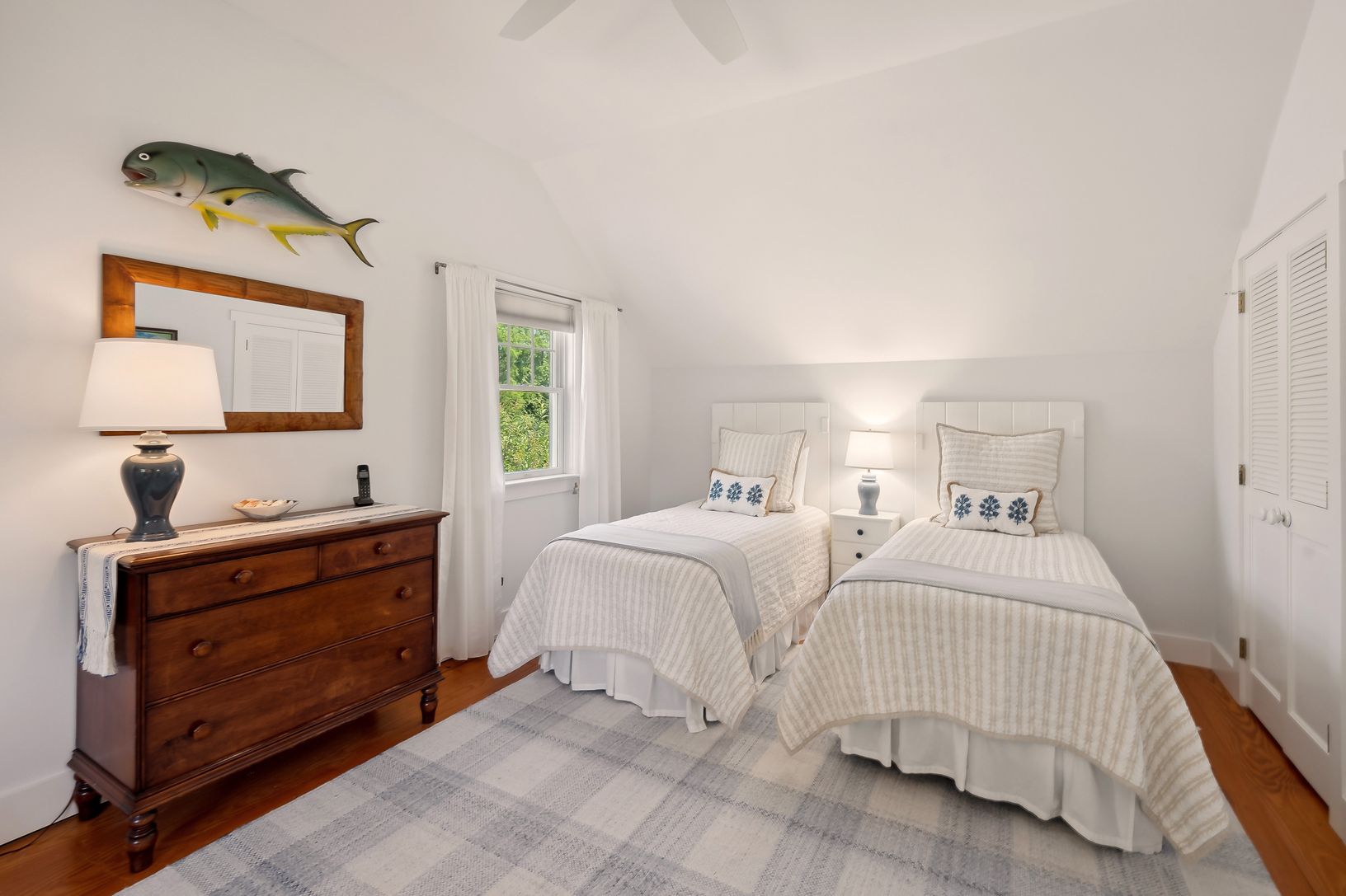 Twin Bed Bedroom w/ original storm shutter headboards from vintage 1956 Wainscott family cottage