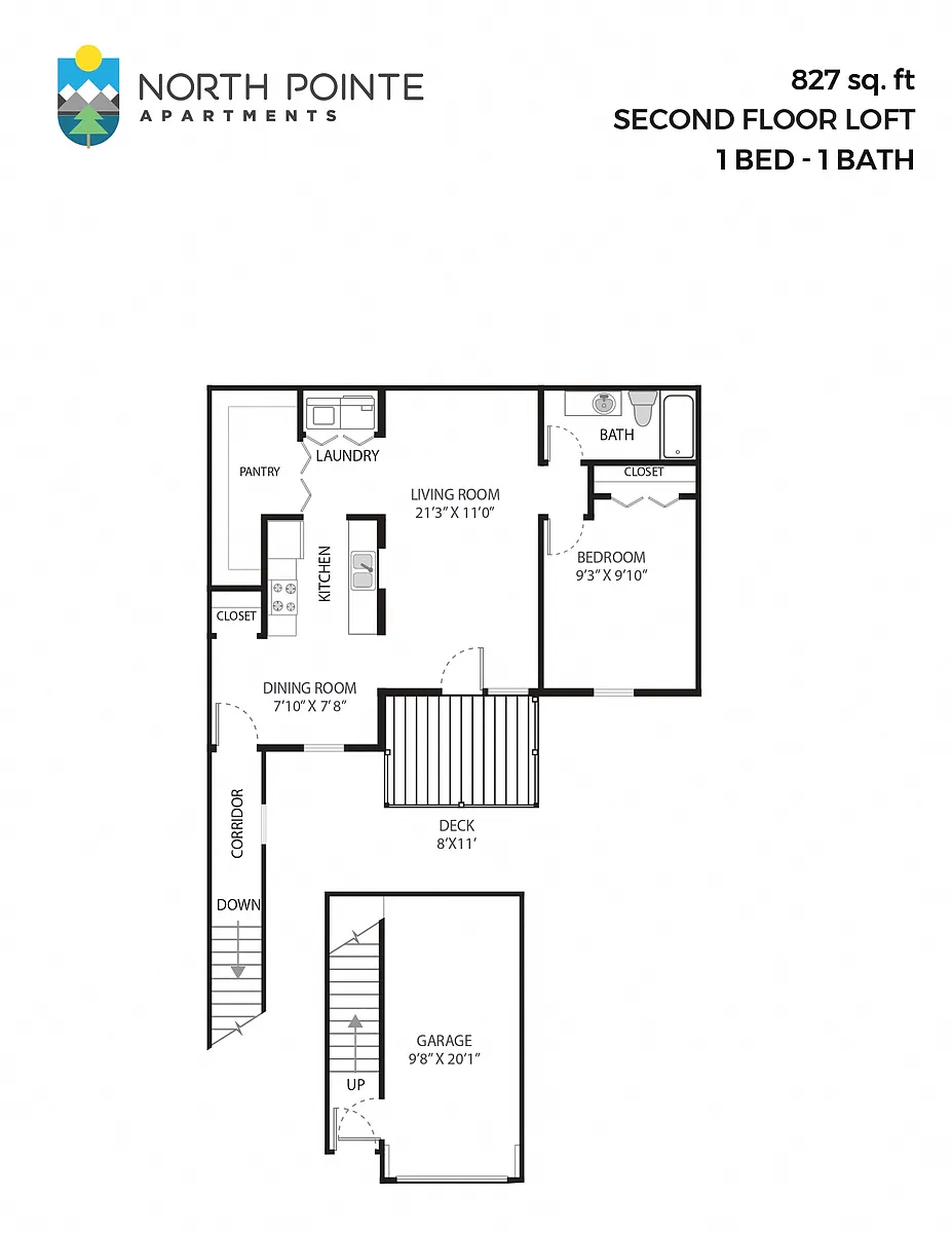 Floor plan 1 Bed, 1 Bath - 827 sq ft