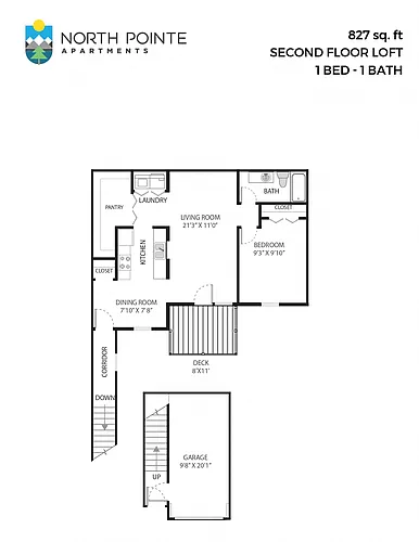 Floor plan 1 Bed, 1 Bath - 827 sq ft