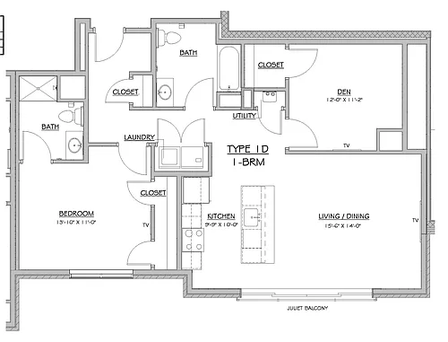 Floor plan 1D 1 bed 2 bath With Office