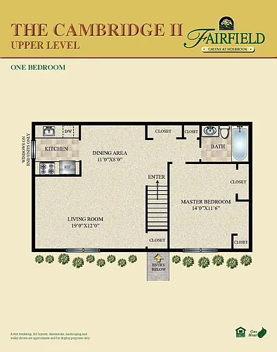 Floor plan 1BR 1BTH CAMBRIDGE II UPPER