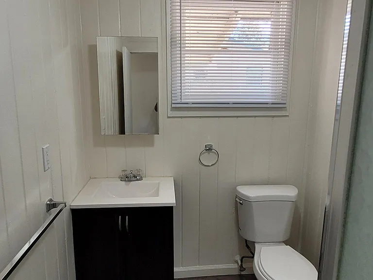 Remodeled bathroom with nice vanity and medicine cabinet.