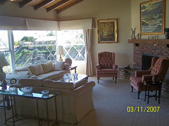 Living room with fireplace and panoramic view