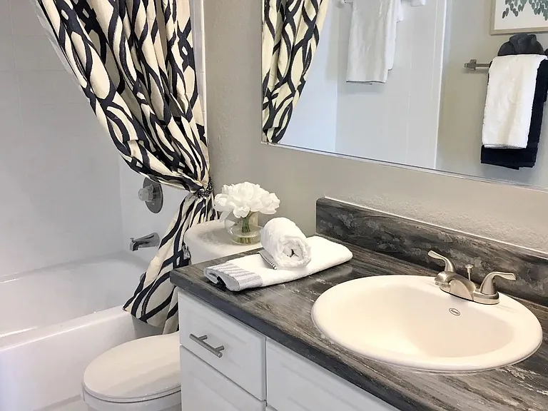 Elevate your bathroom experience with contemporary black fusion countertops a premium upgrade offered in select homes. Step into a space that's as trendy as it is functional.