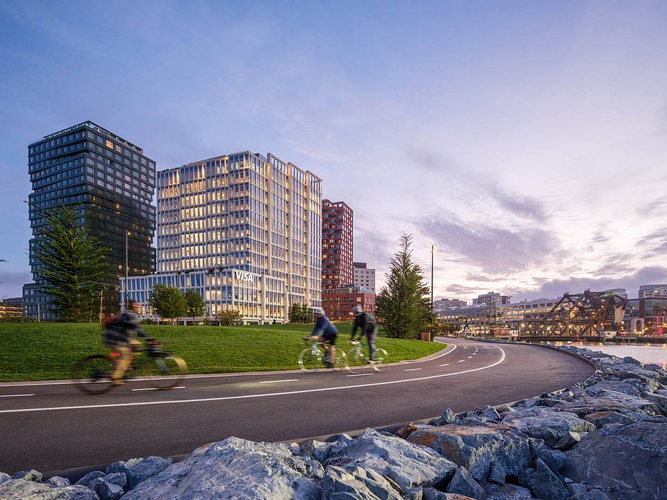 Waterfront walking and biking trails at Mission Rock in San Francisco, CA.