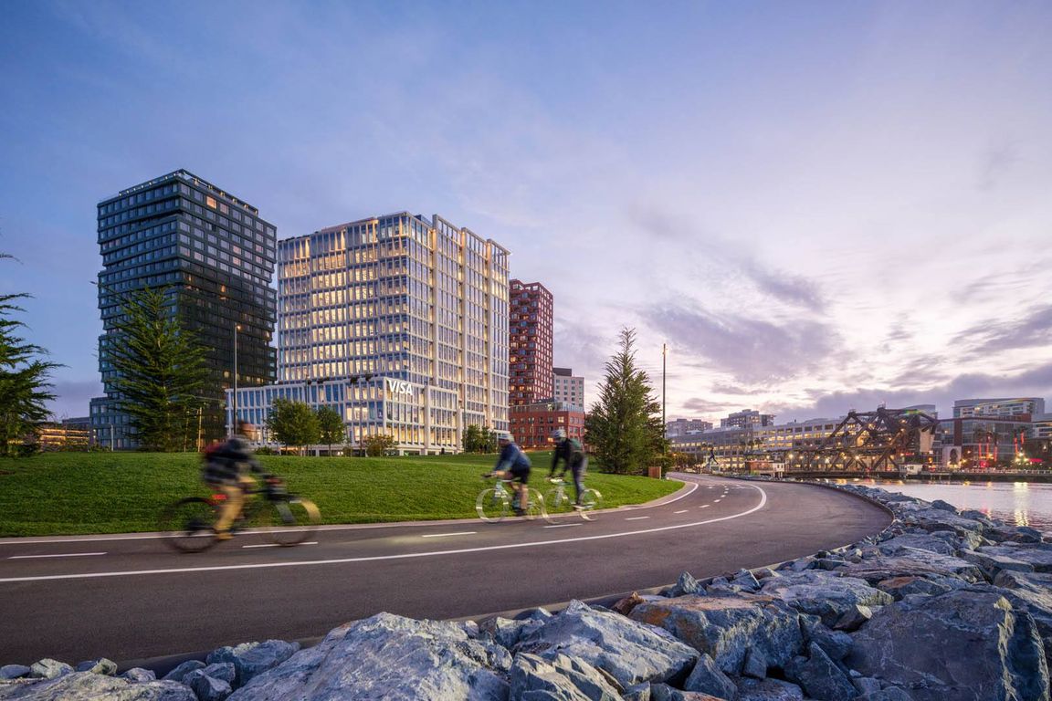 Waterfront walking and biking trails at Mission Rock in San Francisco, CA.