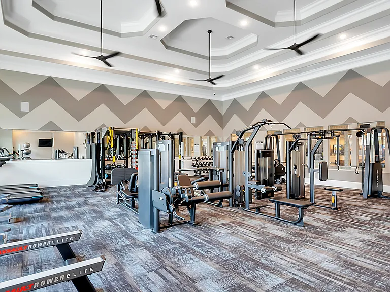 24/7 fitness center stocked with new, high-end equipment and weights