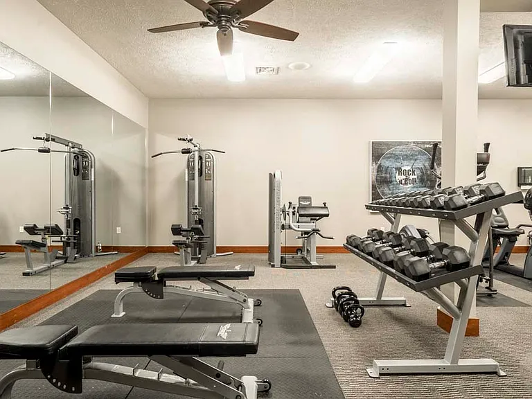 Our 24-7 fitness center includes free weights, weightlifting machines and cardio equipment.