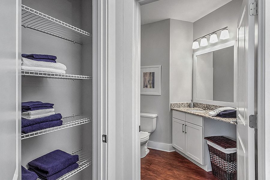 Baths with linen closets and framed mirrors