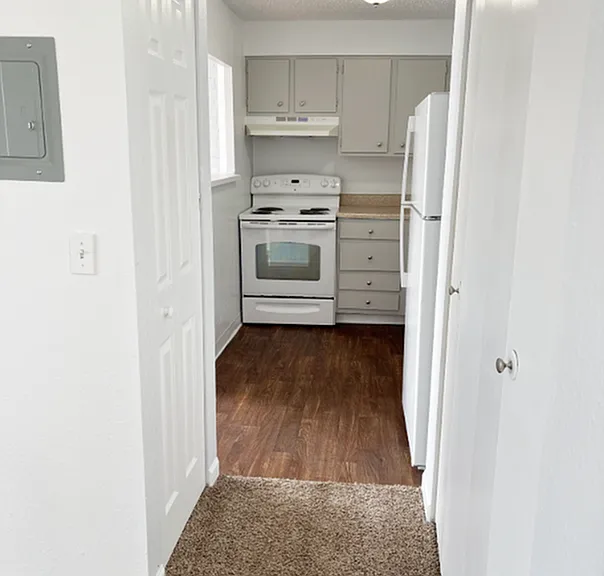 Inviting apartment kitchen with modern white cabinetry, sleek appliances, and warm wood flooring.