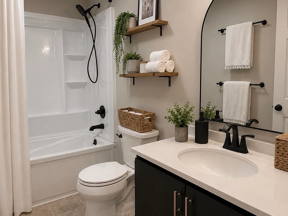Updated bathroom _ all new shower with soaking tub, sink/vanity, and toilet