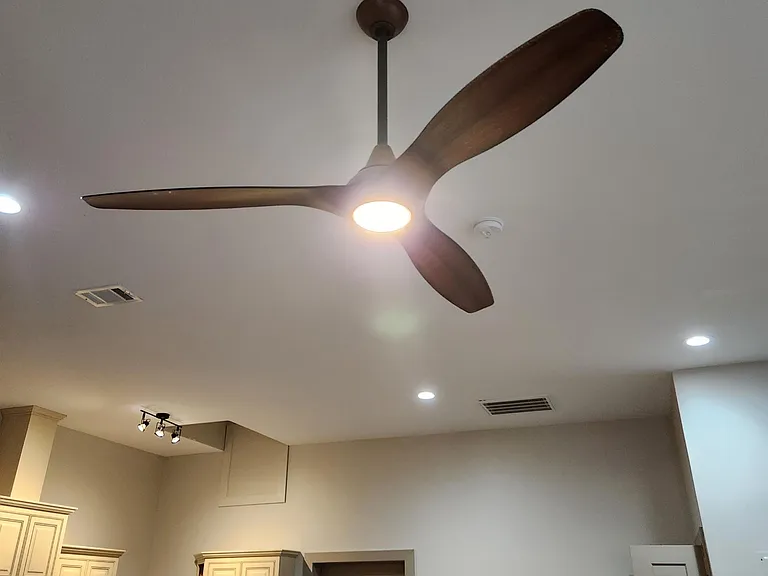 Custom Designer Wood Ceiling Fan. Note 10 foot Ceilings for "loft" feel.