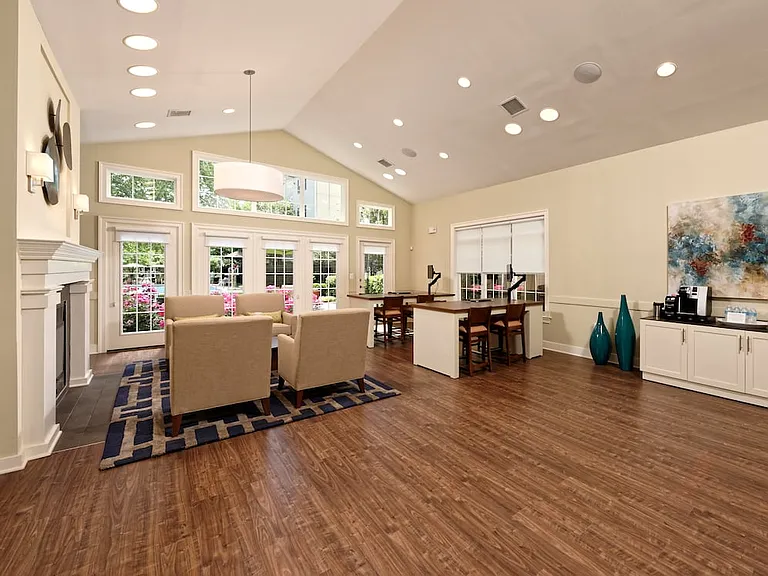 Leasing office with coffee bar, fireplace and lounge seating