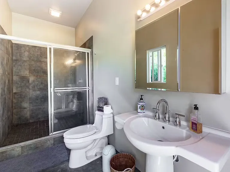 Huge backyard separate pool bathroom with massive shower for pool guests.
