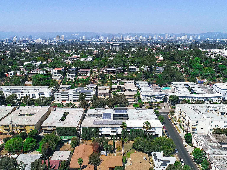 Aerial drone image of Rose Apartments and surrounding neighborhood.