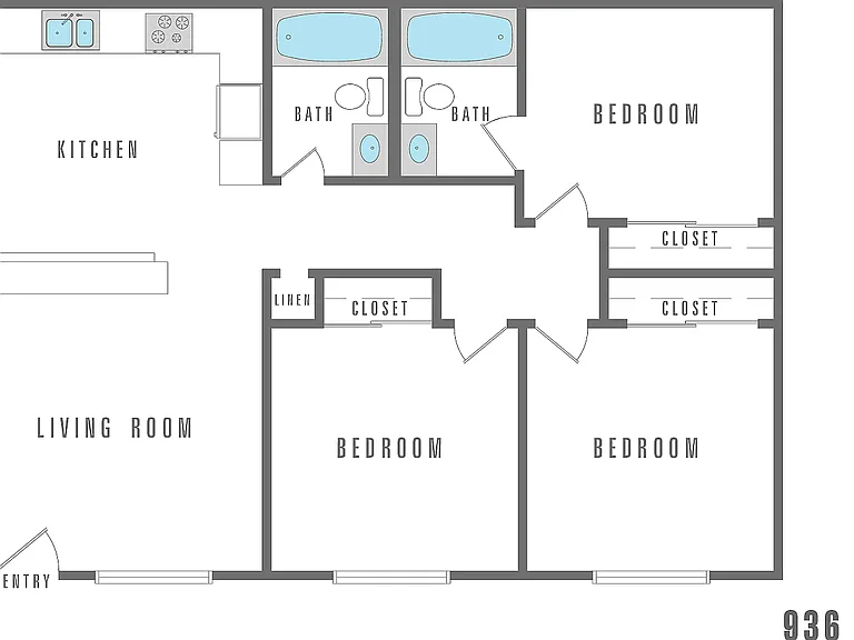 3 Bedroom, 2 Bath, 936 SF 3 Bedroom, 2 Bath, 936 SF