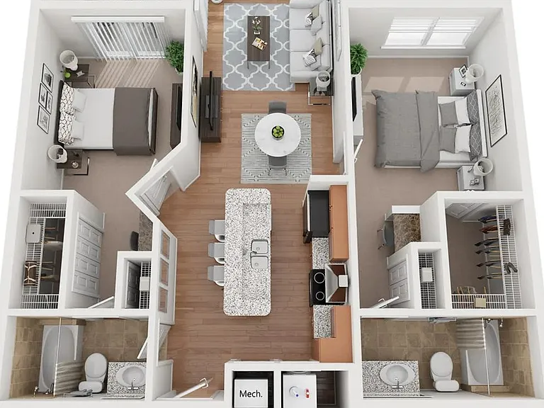 A 3D floor plan rendering of The Jacaranda.