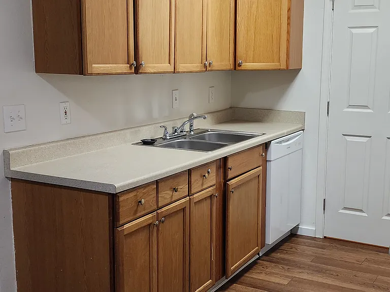 The laundry area is behind the door at the end of the kitchen counter.