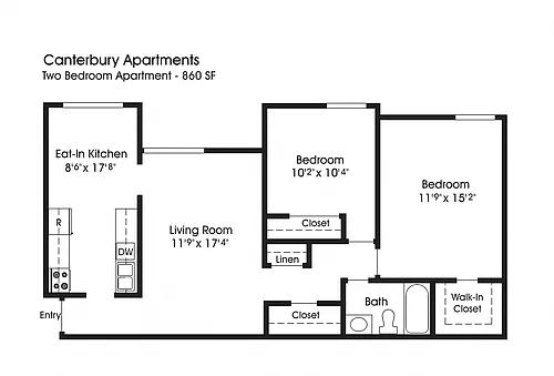 Floor plan 2BR 1BA (860sf)