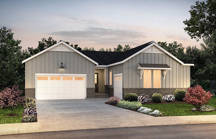 Single-story Andria shown in Elevation A with a three-car garage.