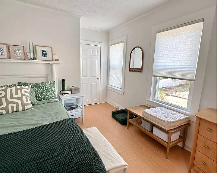 There are three windows in the bedroom and a walk in closet.