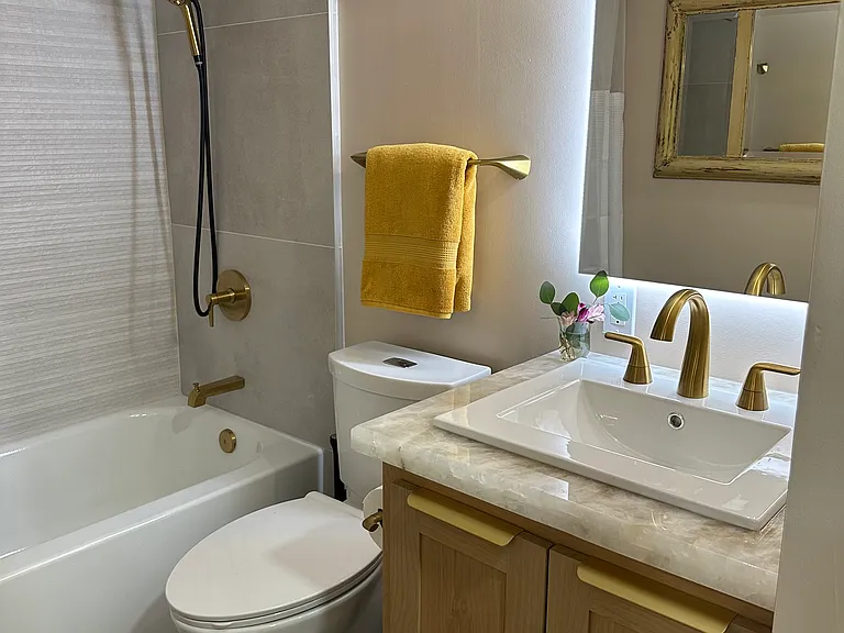 Full size tub/shower with starter bathroom cleaning supplies