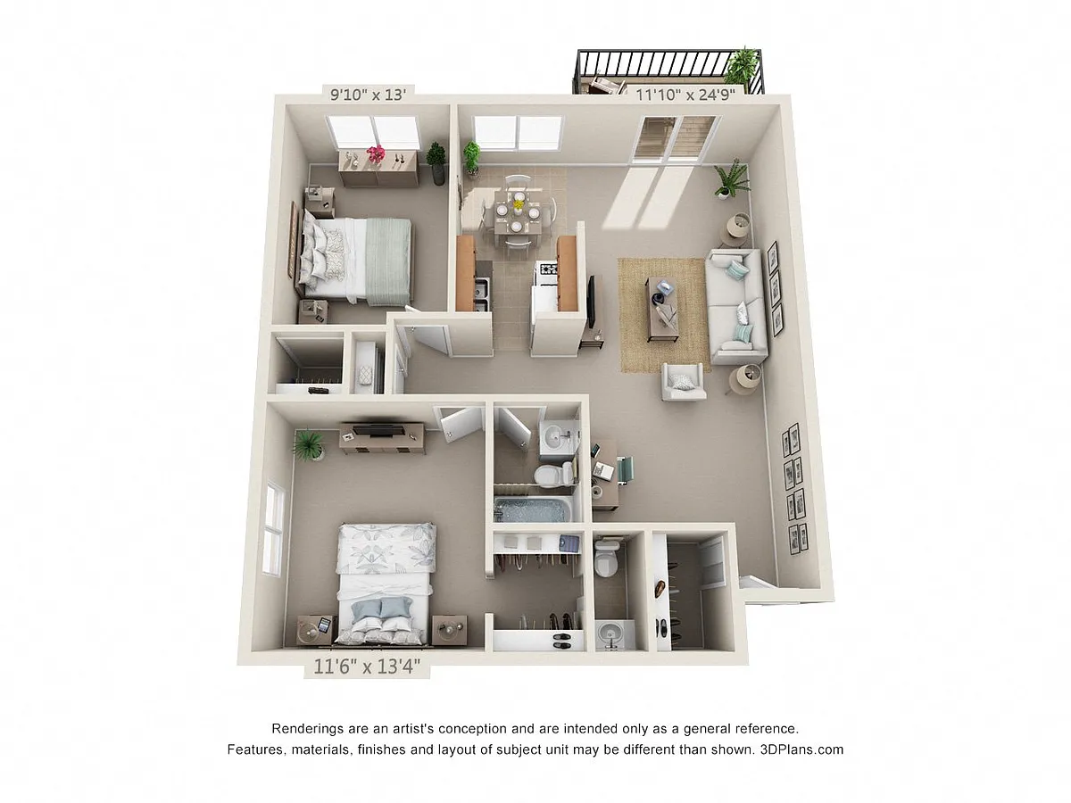 Floor plan 2 Bedroom, 1 1/2 Bath 865 A (Balcony)