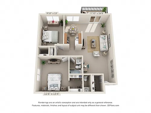 Floor plan 2 Bedroom, 1 1/2 Bath 865 A (Patio)