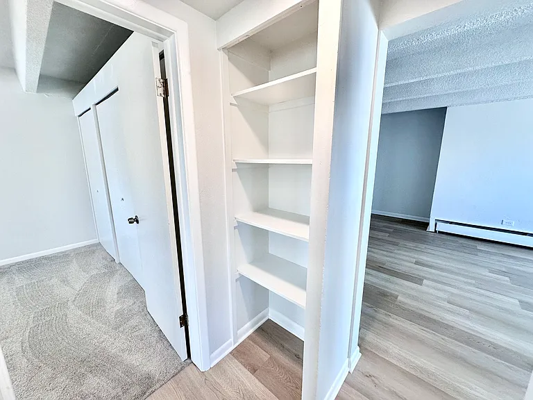 Contemporary apartment interior featuring a bright hallway with built-in shelves, carpeted and laminate flooring, and double-door closet. Contemporary apartment interior featuring a bright hallway with built-in shelves, carpeted and laminate flooring, and