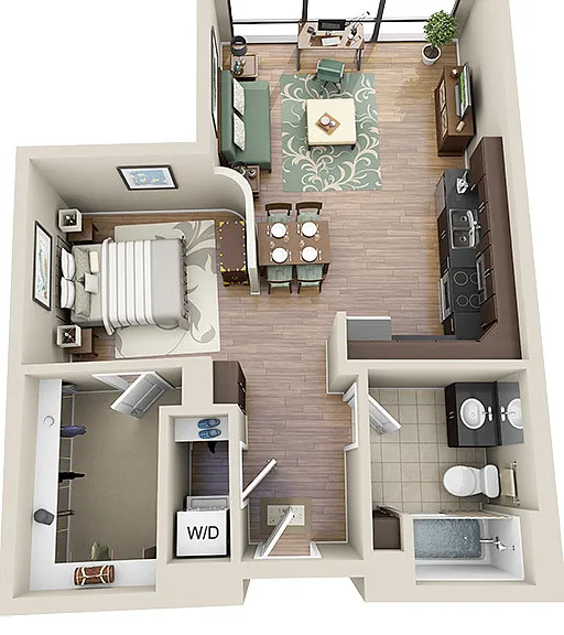 600-653 square foot studio apartment with 1 bath and luxury vinyl tile floors