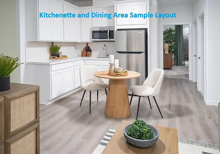 Sample furniture layout for the kitchenette and dining area.