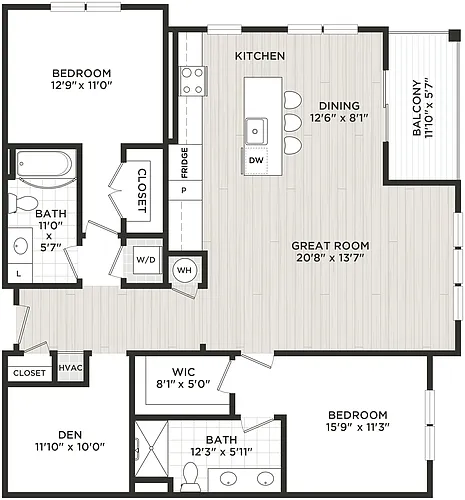 Floor plan 2 Bed/2 Bath Den-E1