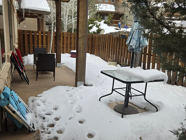 Private back patio, with Aspen trees for Summer shade