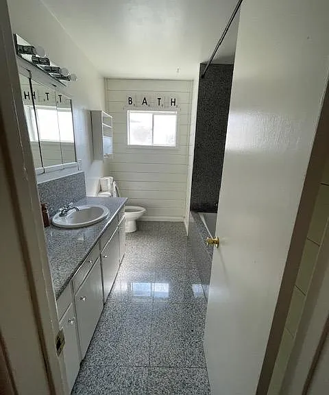 bathroom cabinets are being painted satin black with new stainless steel door handles