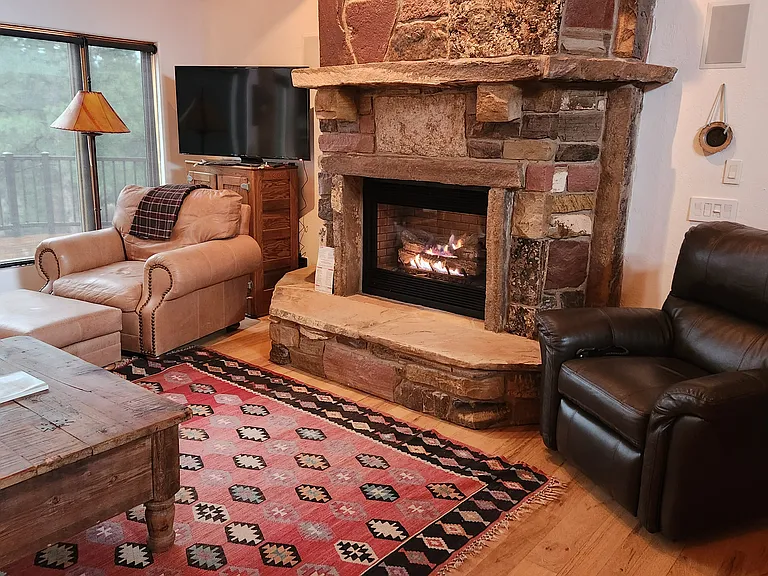 Gas fireplace chairs with view to deck