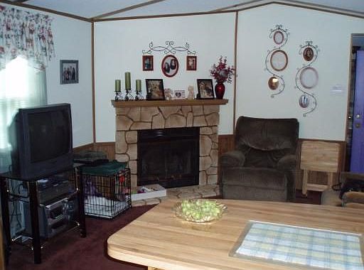 Living room with wood burning fireplace