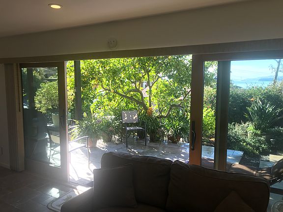 View of garden terrace from apartment.