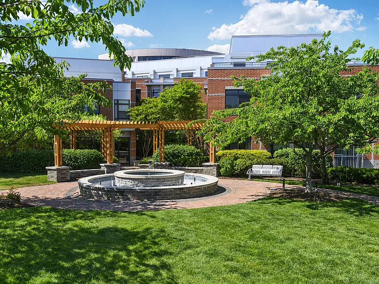 Water fountain within serene community outdoor space