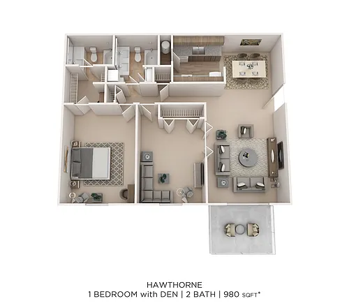 Floor plan Hawthorne 1Bed 2Bath W/Den 980sqft