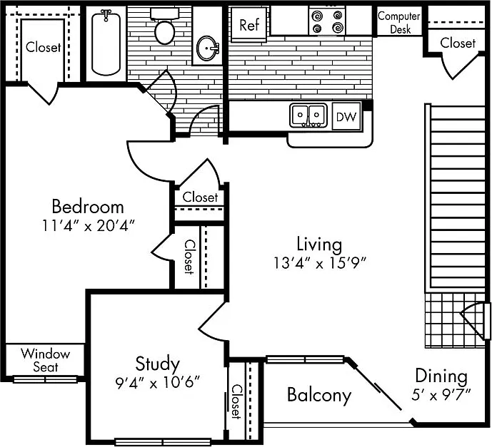 Floor plan Large One Bed, One Bath