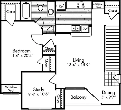 Floor plan Large One Bed, One Bath