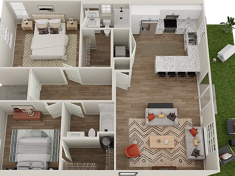 Experience the elegance of modern living with this spacious two-bedroom apartment featuring a sleek open-plan kitchen, cozy living area, and a tranquil private garden. Experience the elegance of modern living with this spacious two-bedroom apartment featu