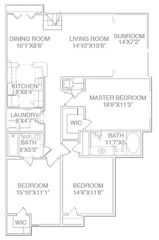 Floor plan Three Bed Two Bath with Sunroom-Renovated