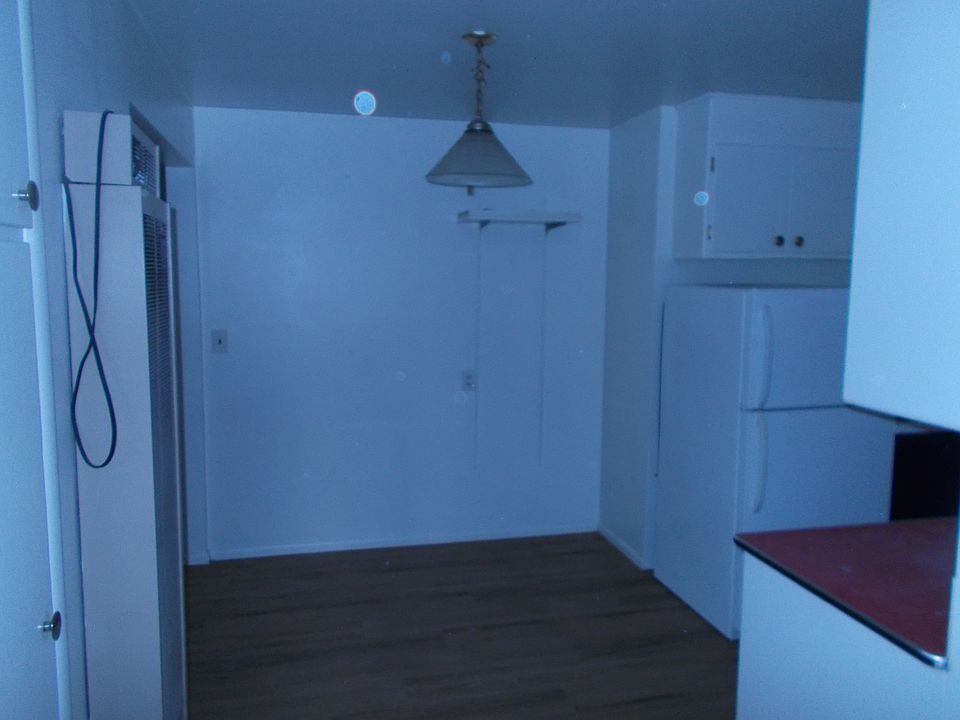 Dining are with overhead lighting and gas furnace.