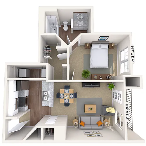 Floor plan Traditional 1x1 595-601 SF