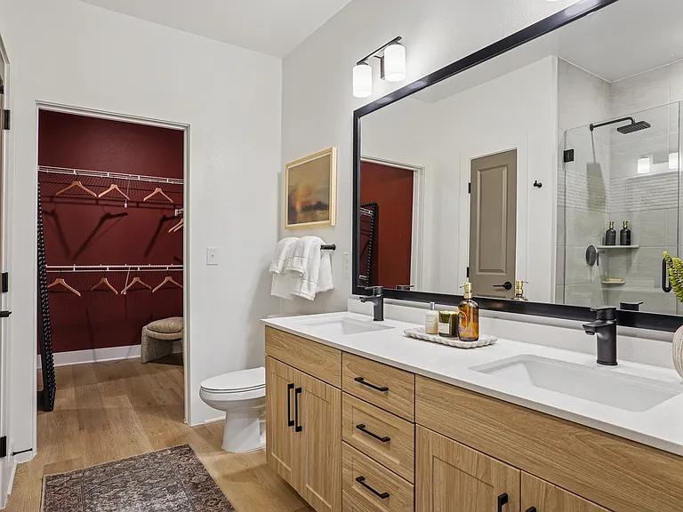 Bathroom with Quartz Countertops, Double Vanity Sinks, Walk-in Shower, and Walk-in Closet