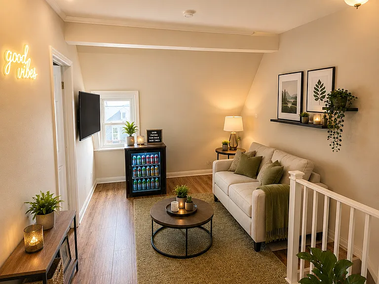 Secondary living room shared by the two top floor bedrooms (comes unfurnished, except for the mini fridge)