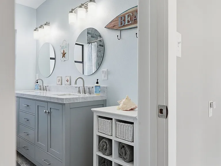 Brand new bathroom with marble double vanity - just outside the bedrooms.