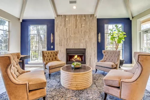 Resident lounge with plush seating, natural lighting and fireplace - Colonnade at Willow Bend